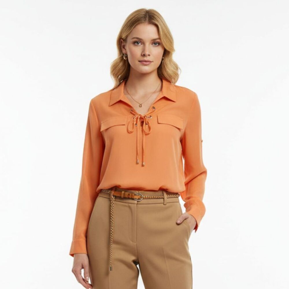Calvin Klein Orange Long Sleeve Convertible Blouse Top M